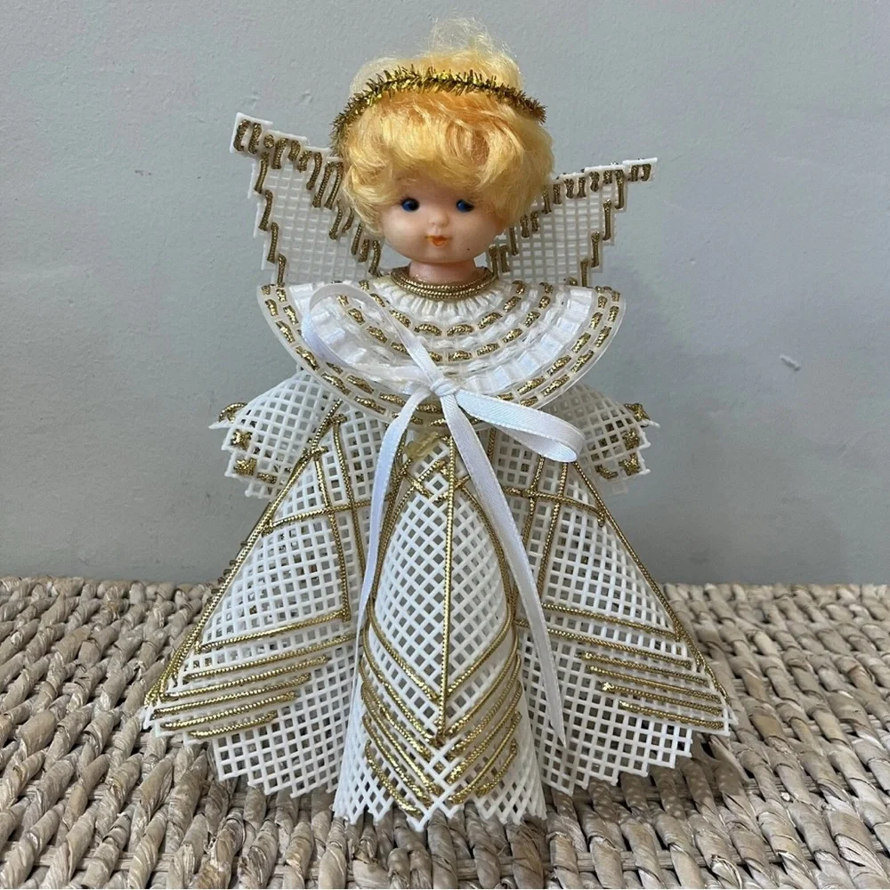 Vintage Angel Christmas Tree Topper White Gold Embelishments 8.5” Tall MCM blond